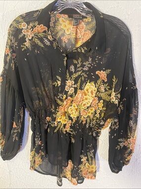 Forever 21 Black Floral Peplum Blouse - Yellow & Peach Blooms Sheer. Ethereal